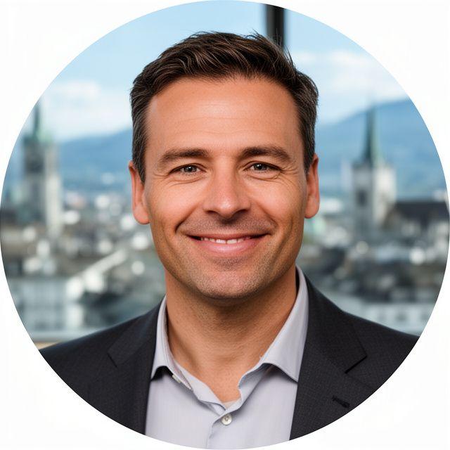 MLaw Thomas Brunner mit modernem Zürcher Stadtblick im Hintergrund und dynamischer, zugewandter Ausstrahlung