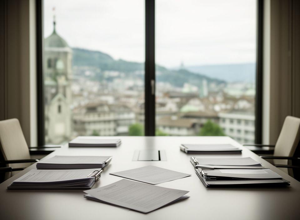 Juristische Beratung in einem modernen Zürcher Besprechungsraum mit Stadtblick und Akten auf dem Tisch