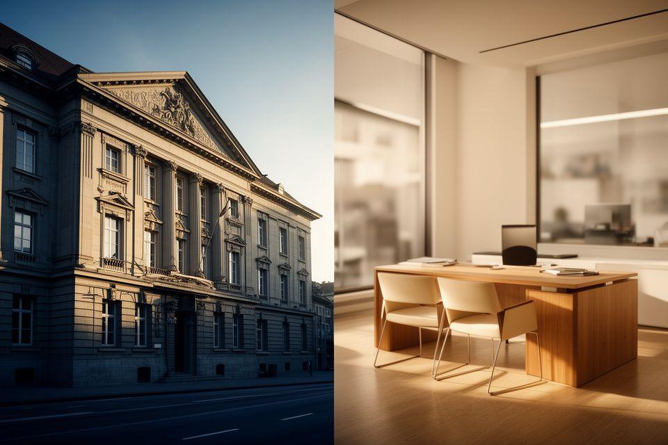 Stilisiertes Zürcher Gerichtsgebäude neben einem modernen Kanzleiinterieur mit warmem Licht und ruhiger Arbeitsatmosphäre