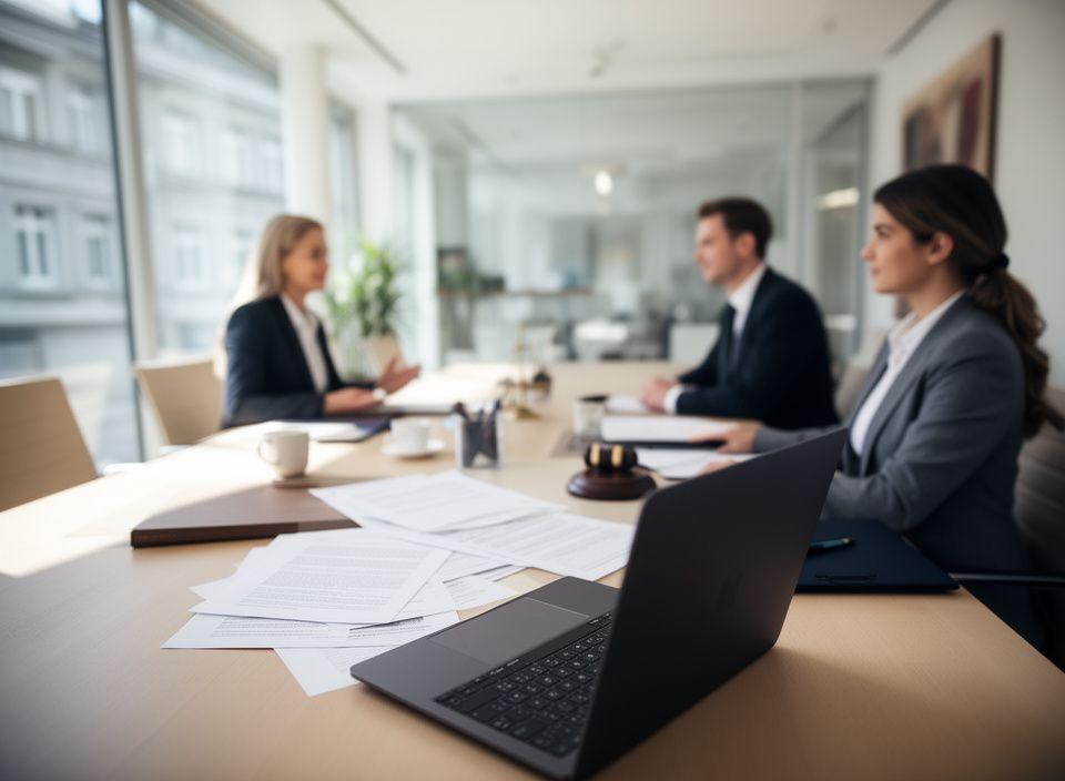 Rechtsberatungsgespräch in einem hellen Zürcher Büro mit Blick auf Unterlagen und Laptop